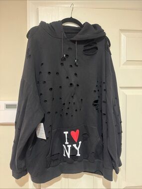 Wren + Glory/I ♥ NY Distressed/holes/Black Hoodie Sweatshirt/Quote on Back/NWT!!